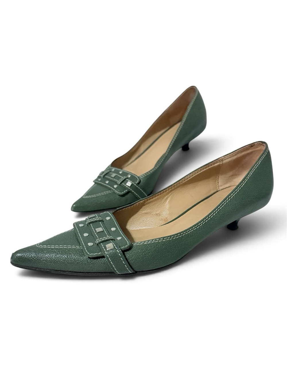 Faconnable Green Leather Pointed-Toe Kitten Heel Pumps Size 6.5